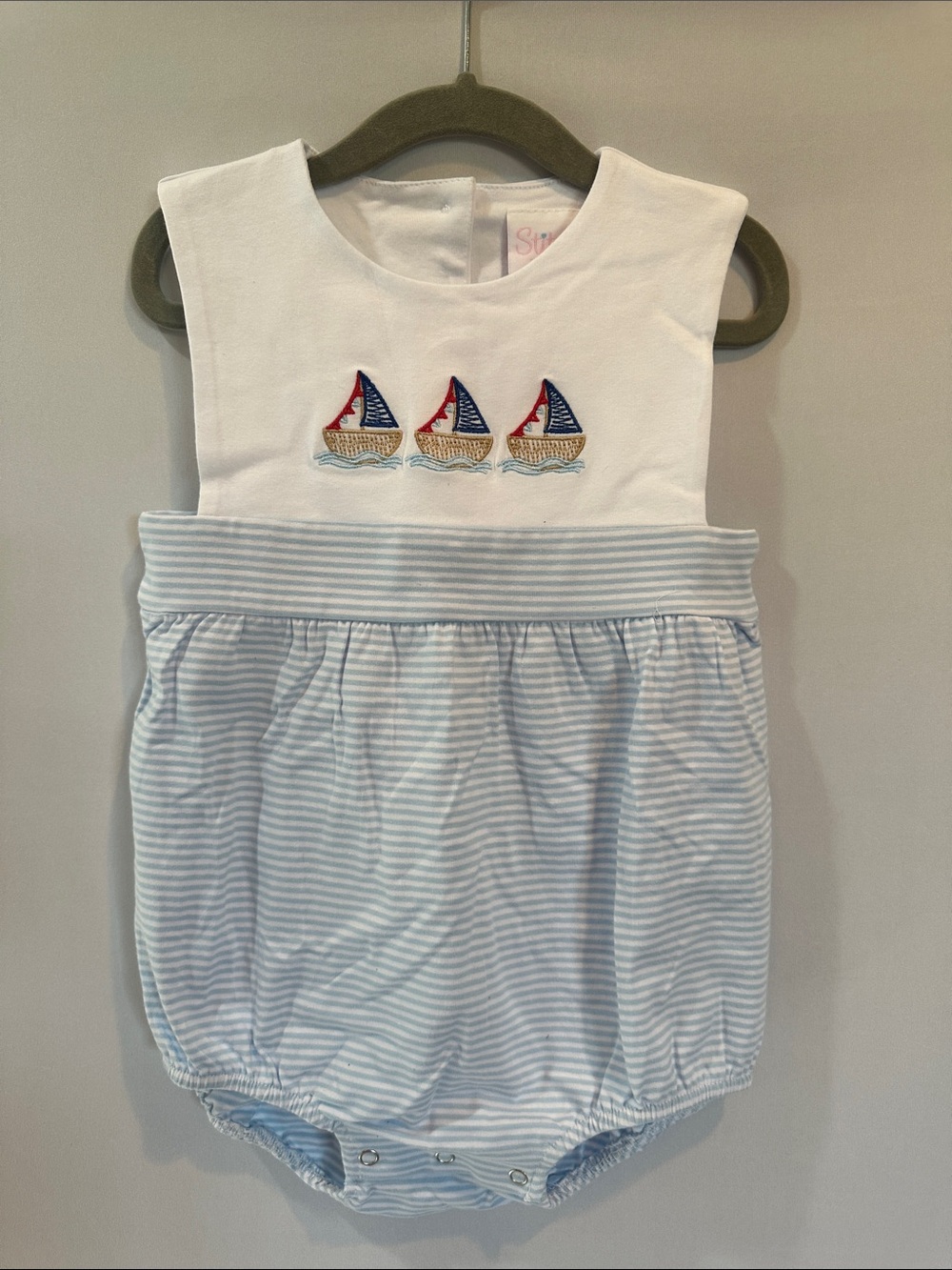 Sailboat Embroidered Bubble Romper - White & Light Blue